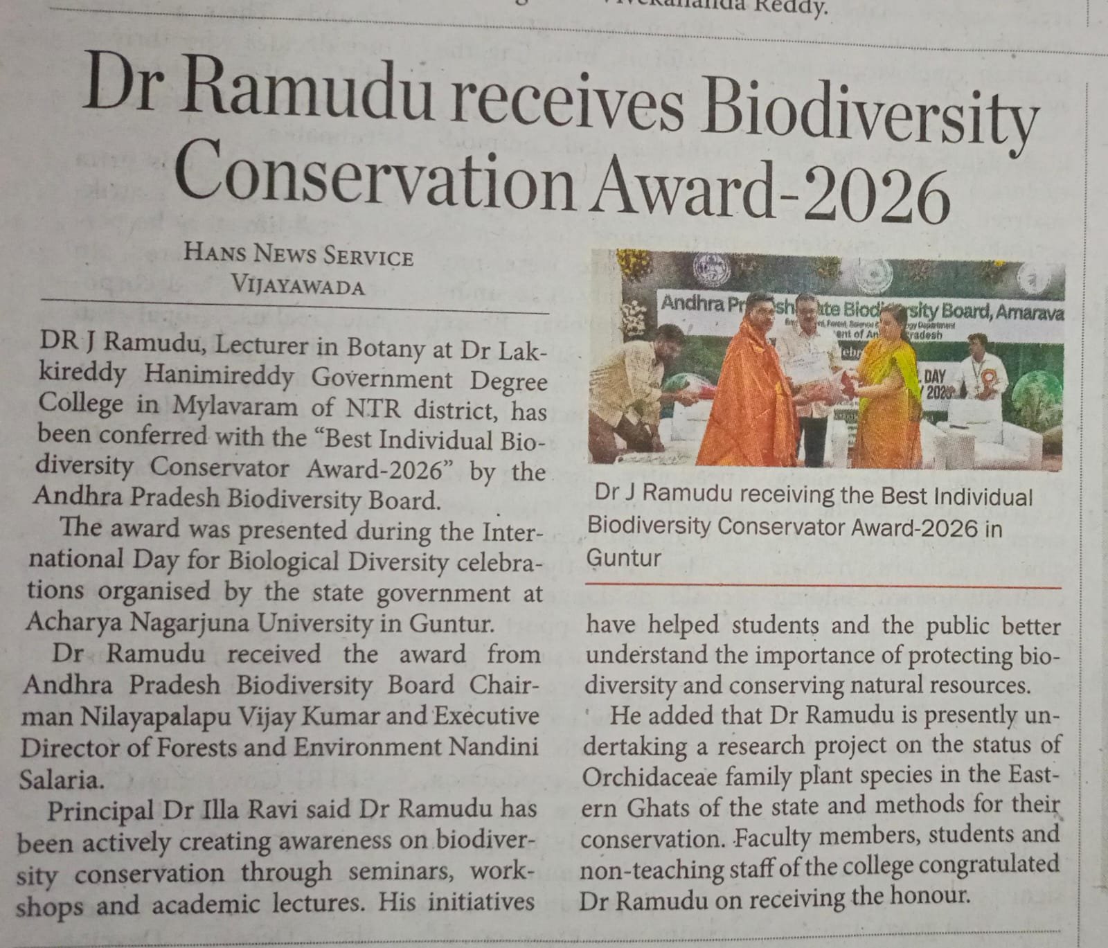 BEST BIODIVERSITY CONSERVER AWARD-2026 BY A.P BIODIVERSITY BOARD , AMARAVATI